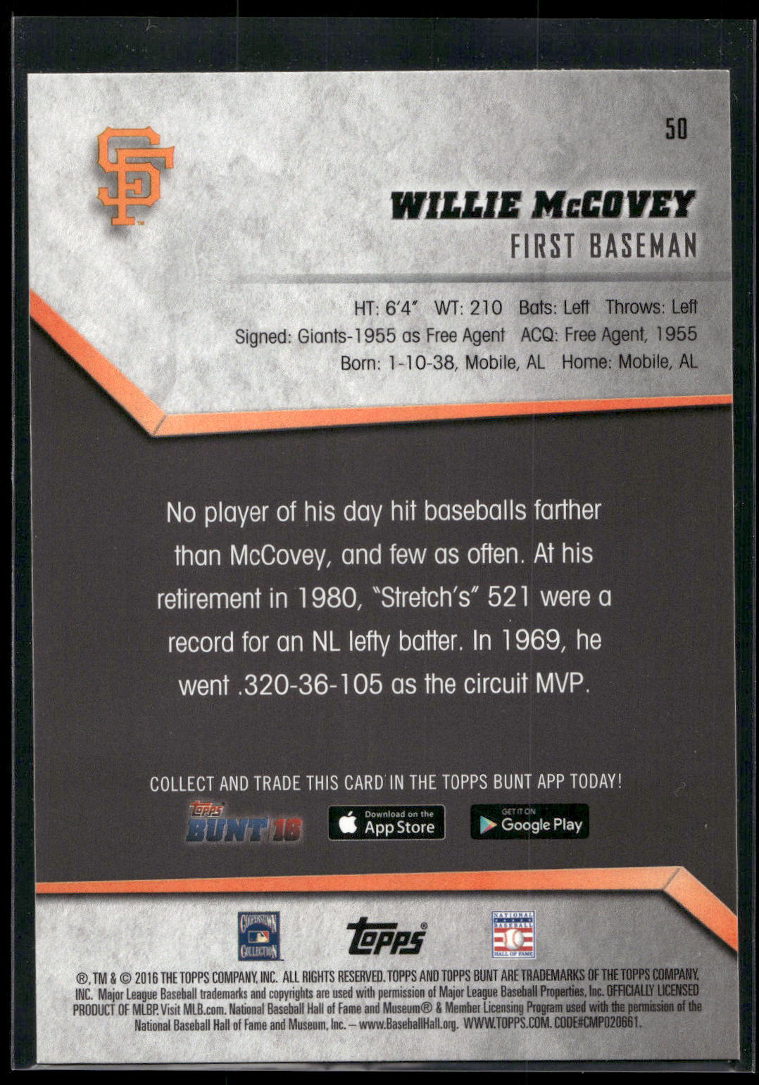 2016 Topps Bunt #50 Willie McCovey