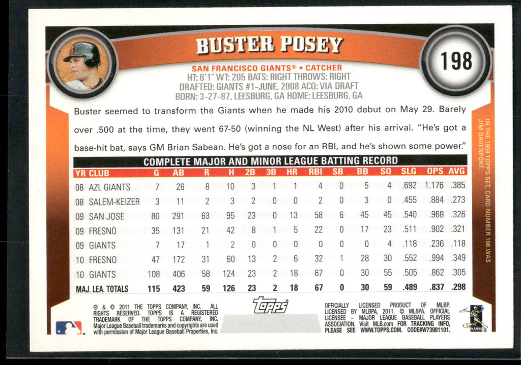 2011 Topps #198 Buster Posey Factory Set Bonus: Limited Edition