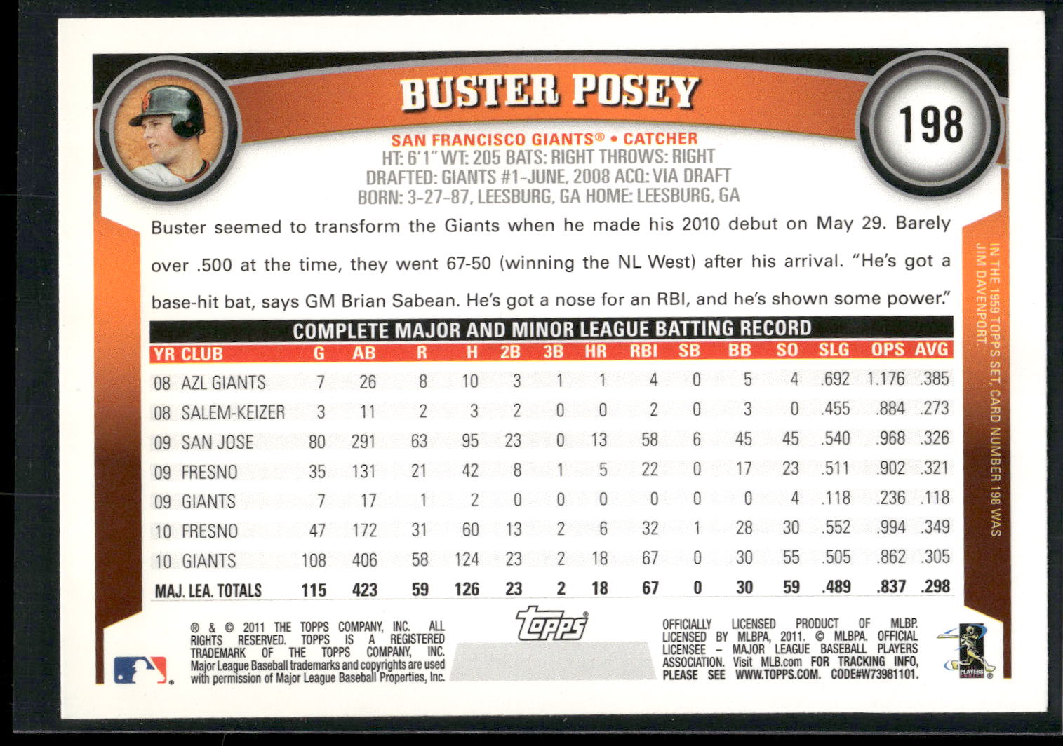 2011 Topps #198 Buster Posey Factory Set Bonus: Limited Edition