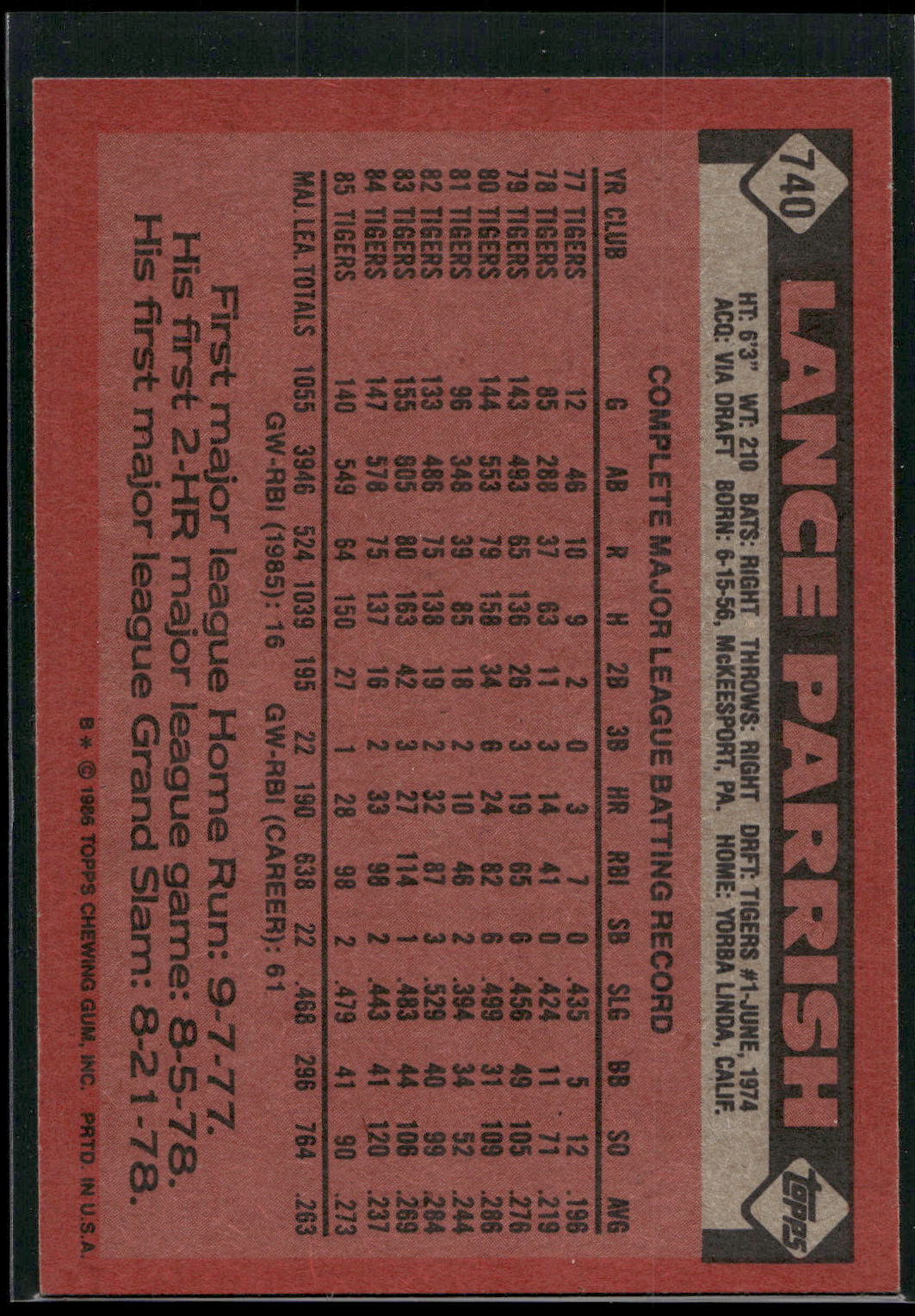 1986 Topps #740 Lance Parrish