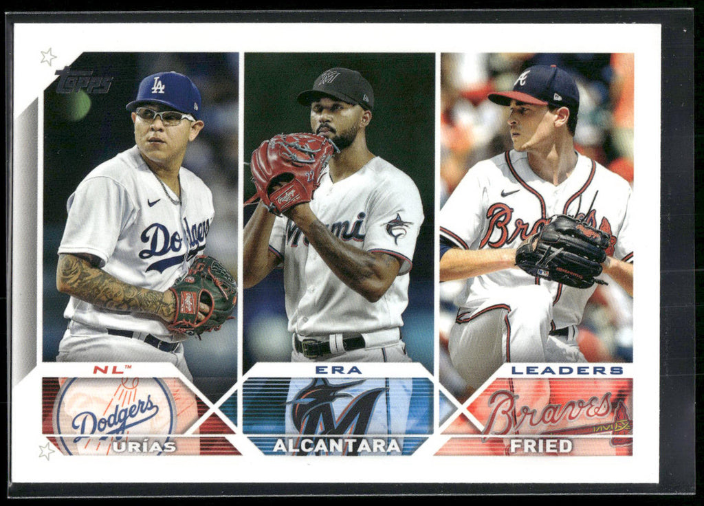 2023 Topps #211 NL ERA Leaders (Julio Urías / Sandy Alcantara / Max Fried)
