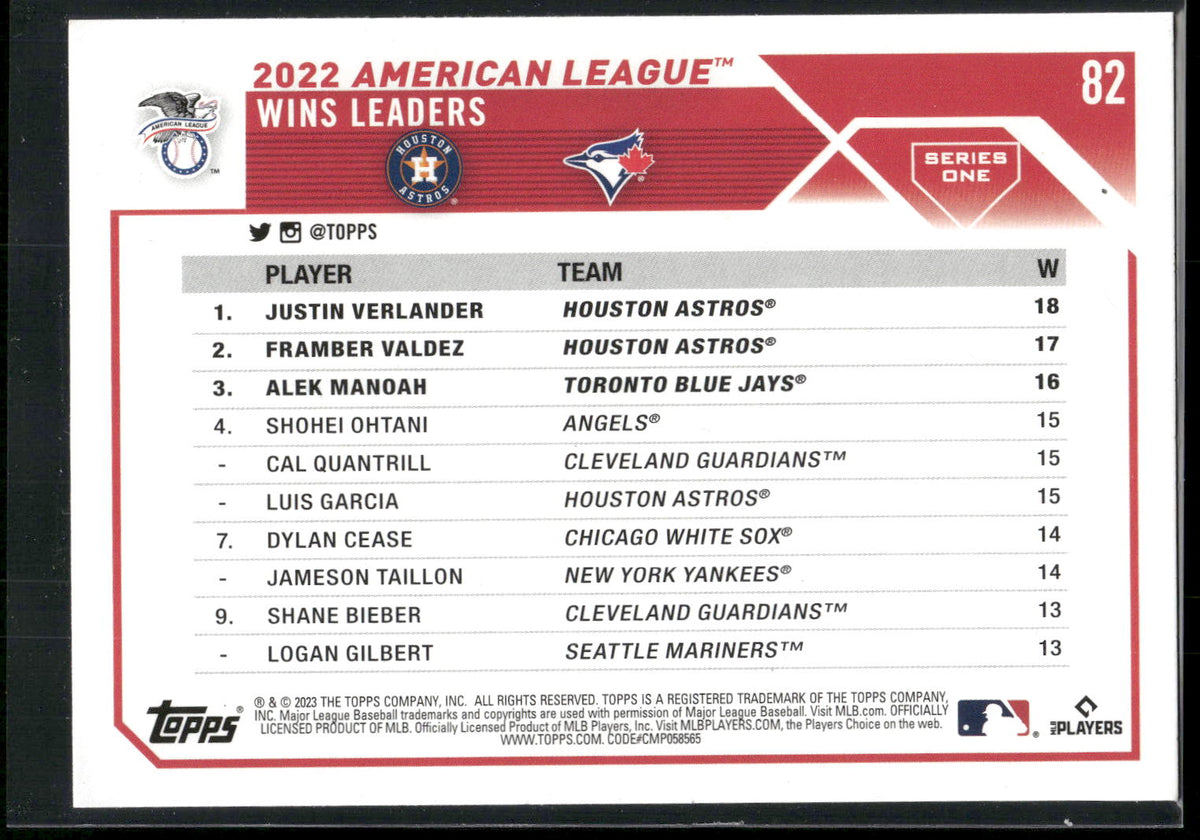 2023 Topps #82 AL Wins Leaders (Justin Verlander / Framber Valdez / Alek Manoah)