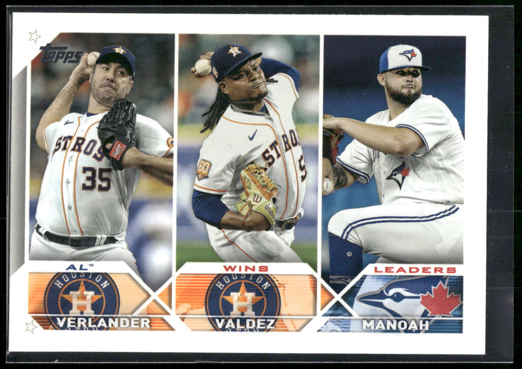 2023 Topps #82 AL Wins Leaders (Justin Verlander / Framber Valdez / Alek Manoah)
