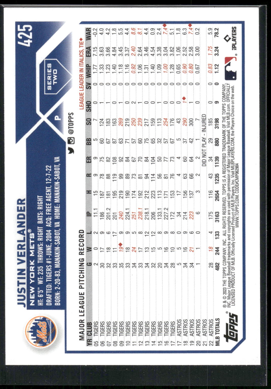2023 Topps #425 Justin Verlander