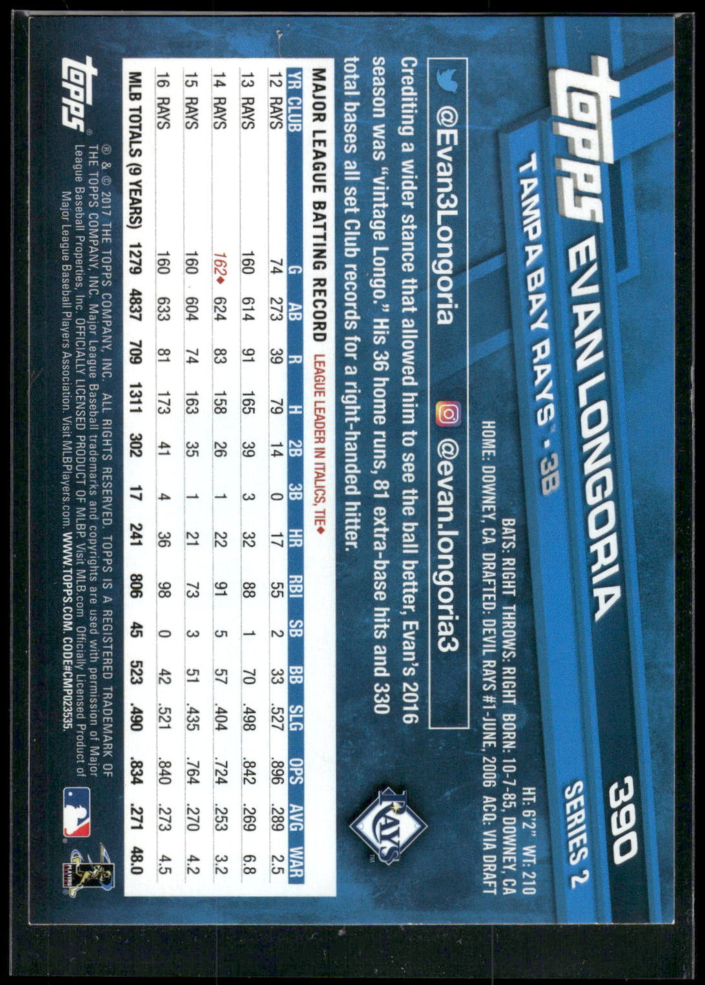 2017 Topps #390 Evan Longoria