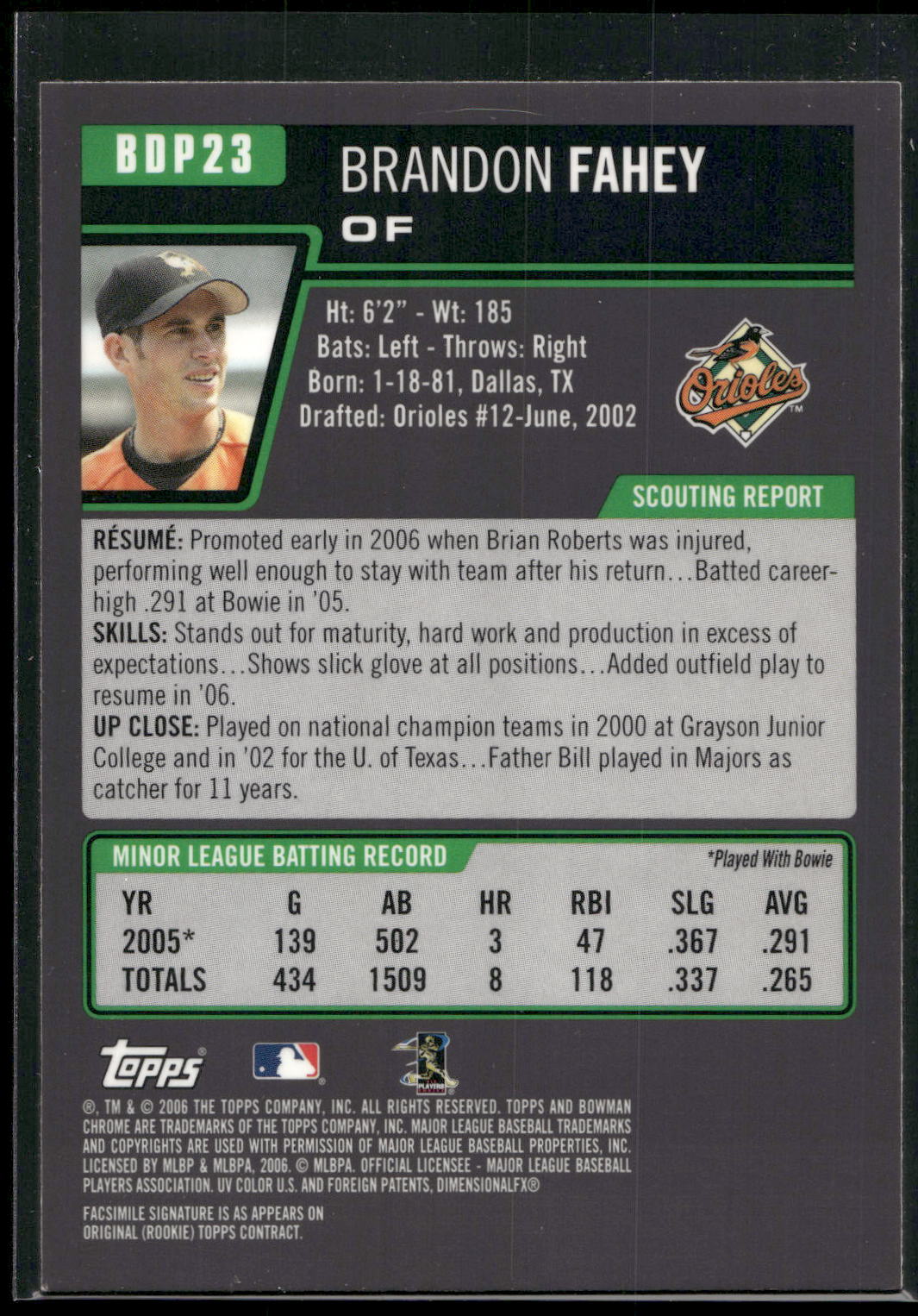 2006 Bowman Draft Picks & Prospects #BDP23 Brandon Fahey Chrome