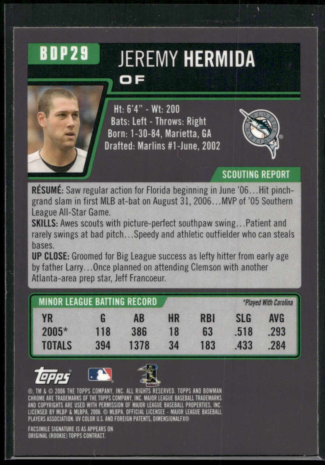 2006 Bowman Draft Picks & Prospects #BDP29 Jeremy Hermida Chrome