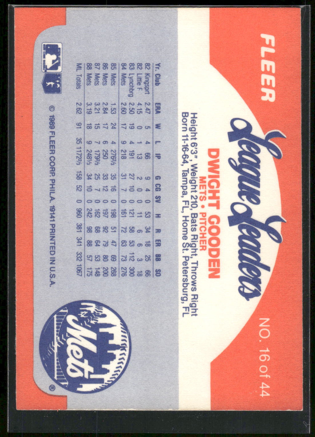 1989 Fleer League Leaders #16 Dwight Gooden