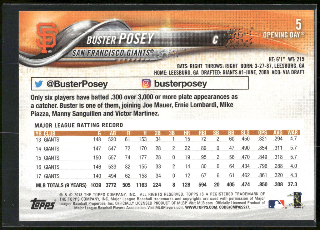 2018 Topps Opening Day #5 Buster Posey
