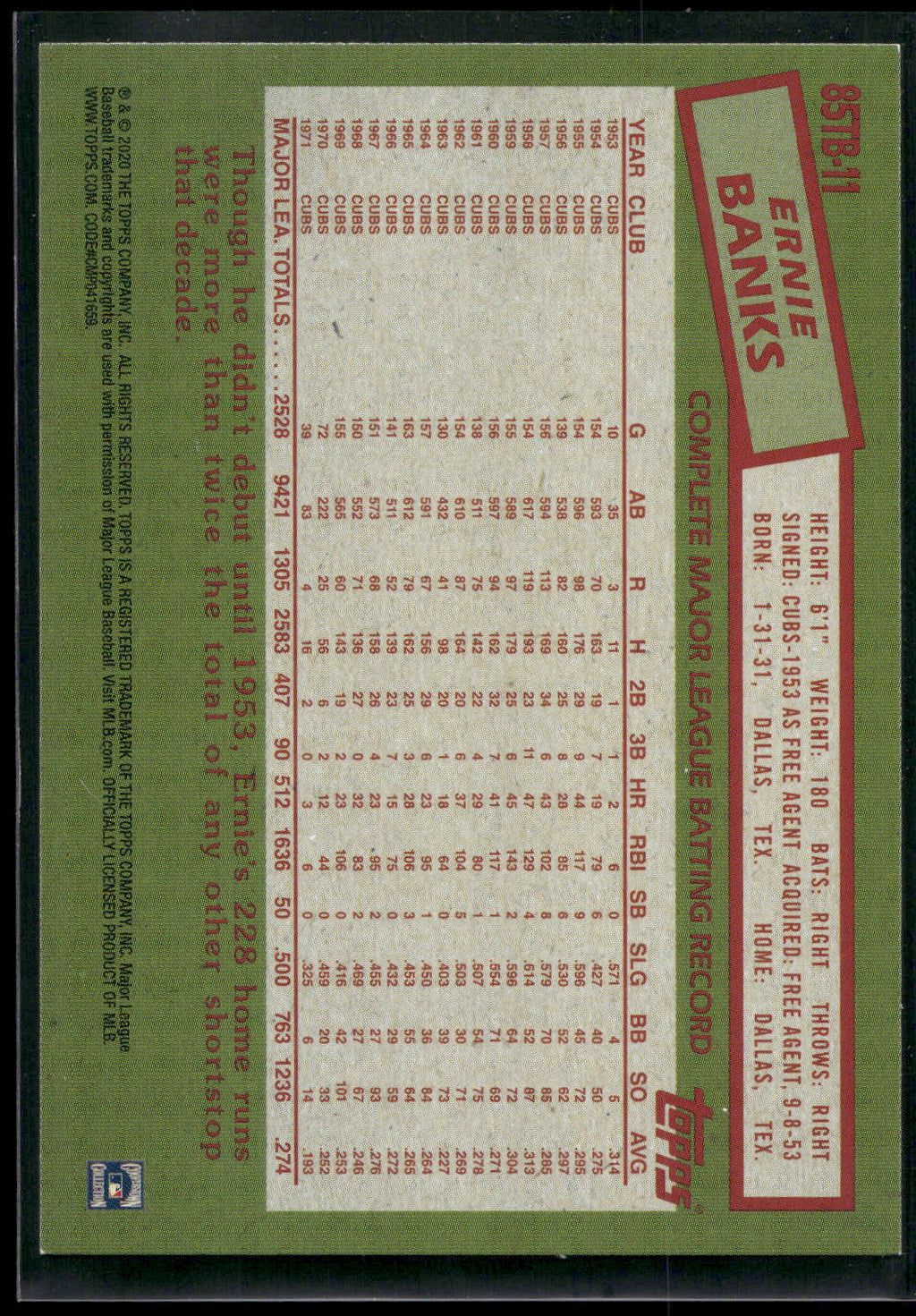 2020 Topps Update #85TB-11 Ernie Banks 1985 Topps Baseball 35th Anniversary