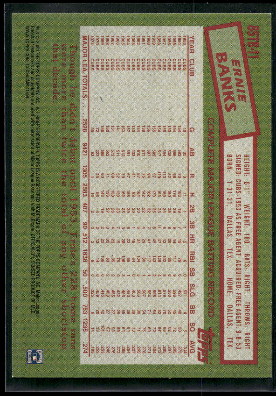 2020 Topps Update #85TB-11 Ernie Banks 1985 Topps Baseball 35th Anniversary