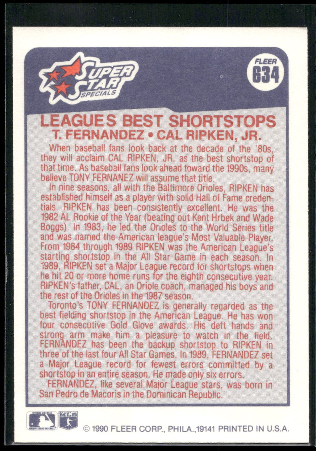 1990 Fleer #634 Leagues Best Shortstops (Tony Fernandez / Cal Ripken, Jr.)