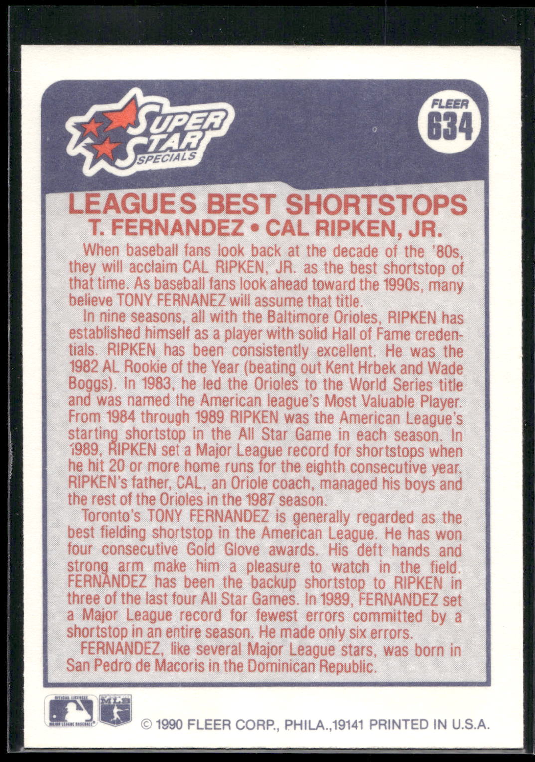 1990 Fleer #634 Leagues Best Shortstops (Tony Fernandez / Cal Ripken, Jr.)
