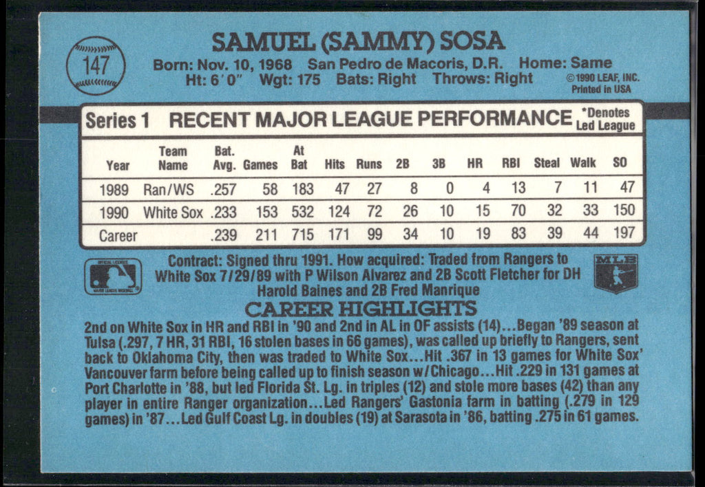 1991 Donruss #147 Sammy Sosa