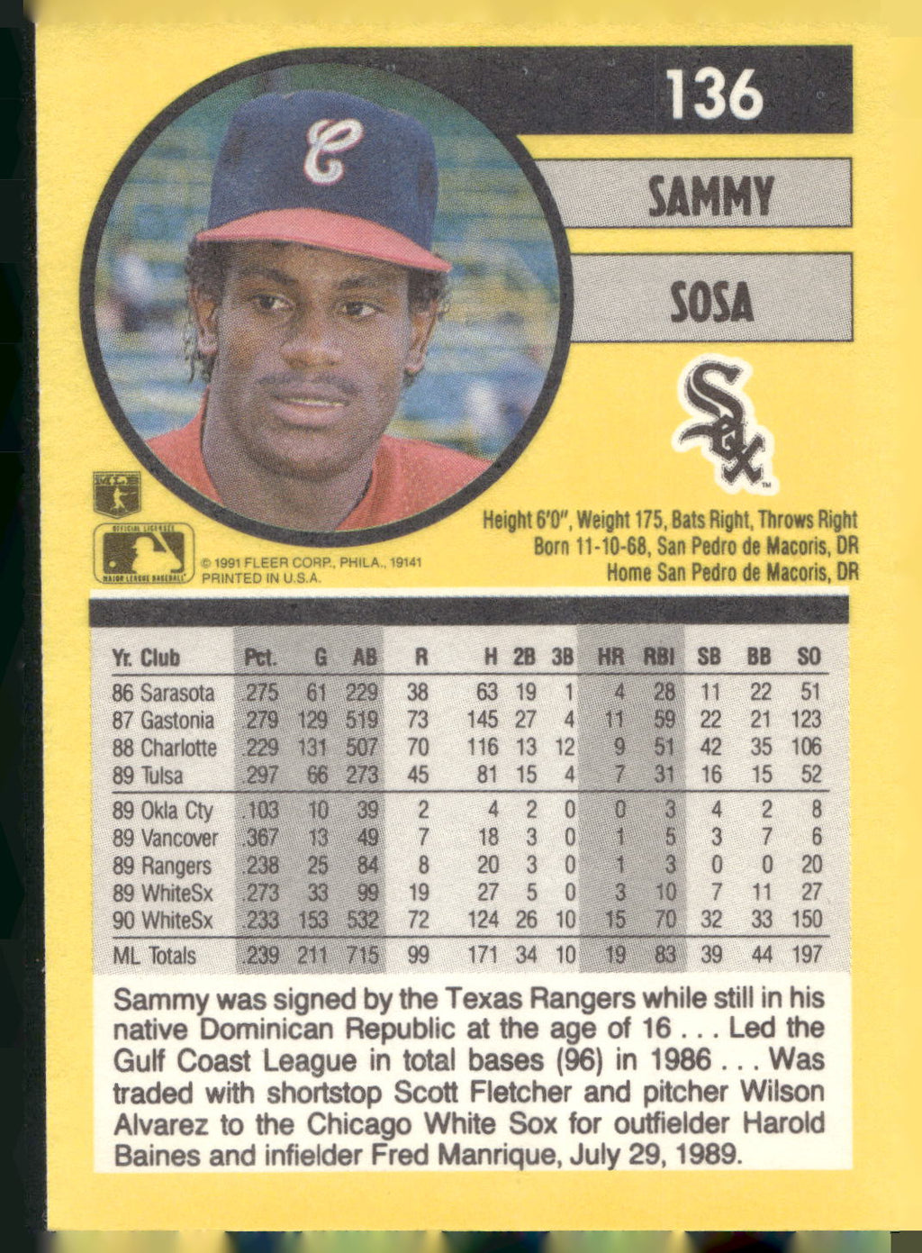 1991 Fleer #136 Sammy Sosa