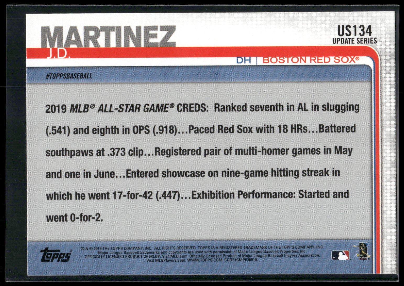 2019 Topps Update #US134 J.D. Martinez