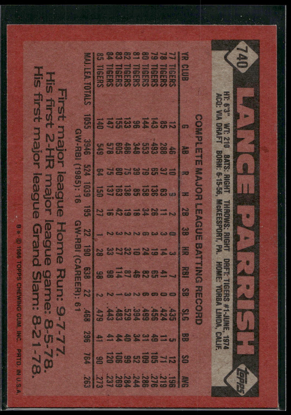 1986 Topps #740 Lance Parrish