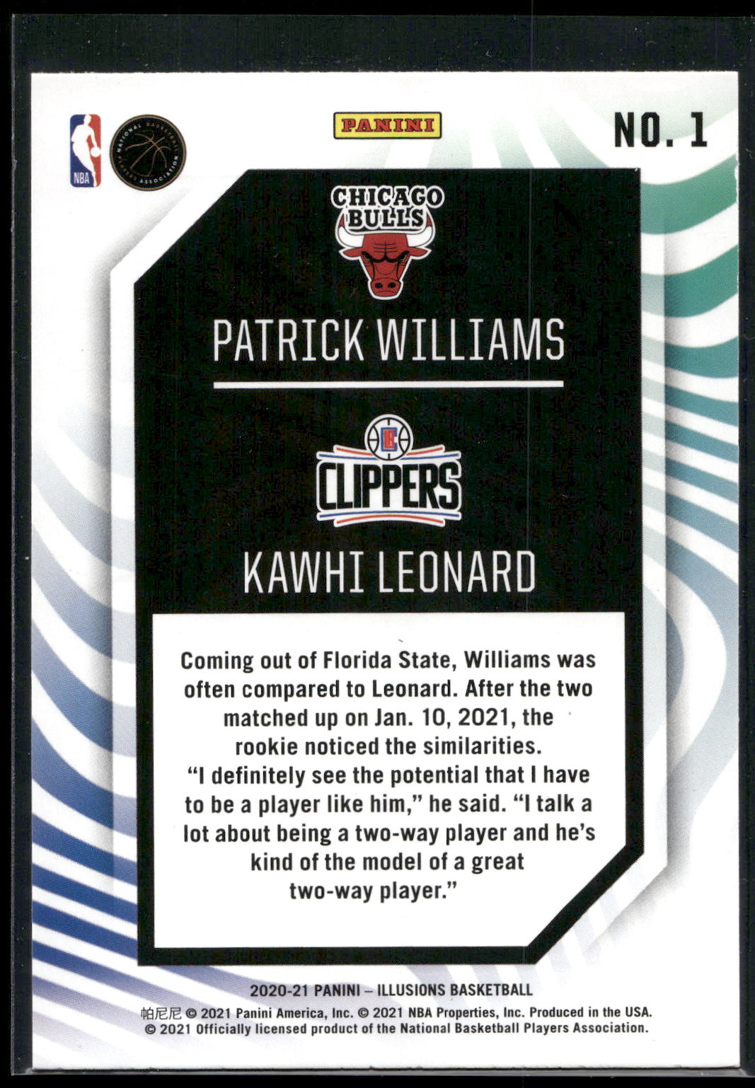 2020-21 Panini Illusions #1 Kawhi Leonard / Patrick Williams Rookie Reflections