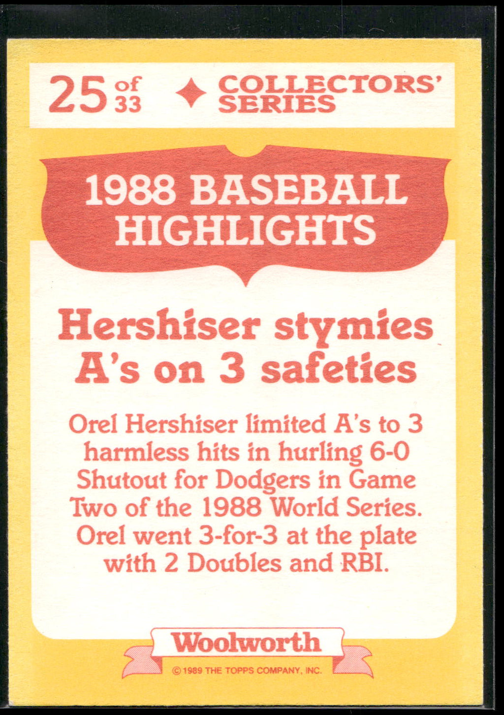1989 Topps Woolworth Baseball Highlights #25 Orel Hershiser