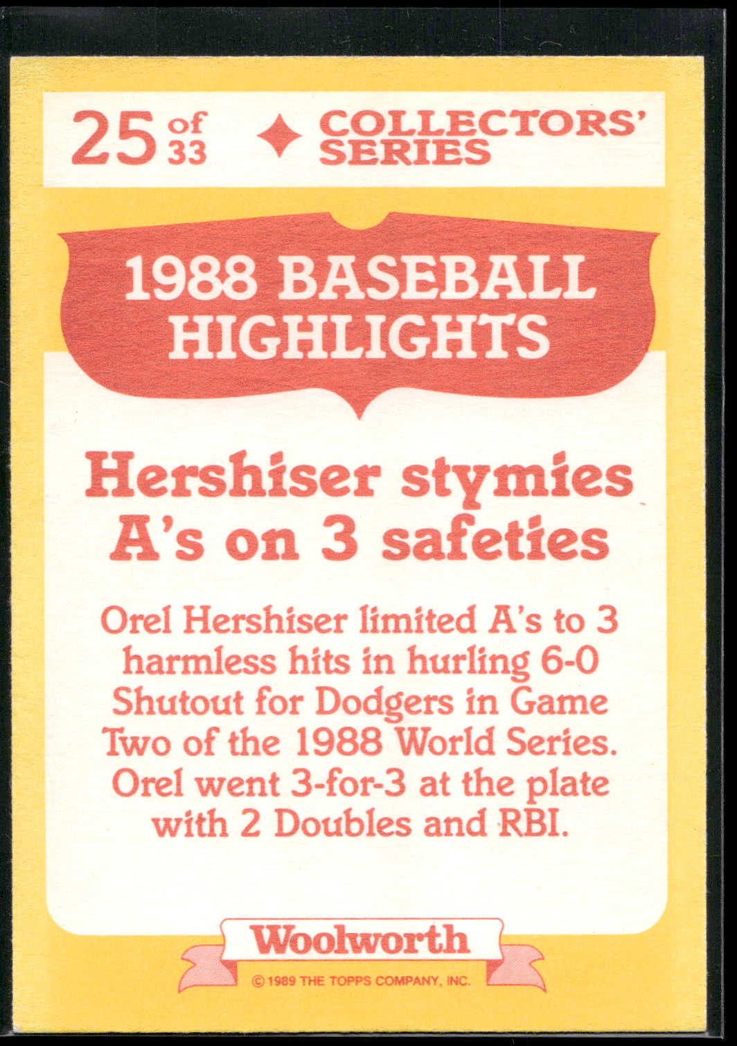 1989 Topps Woolworth Baseball Highlights #25 Orel Hershiser