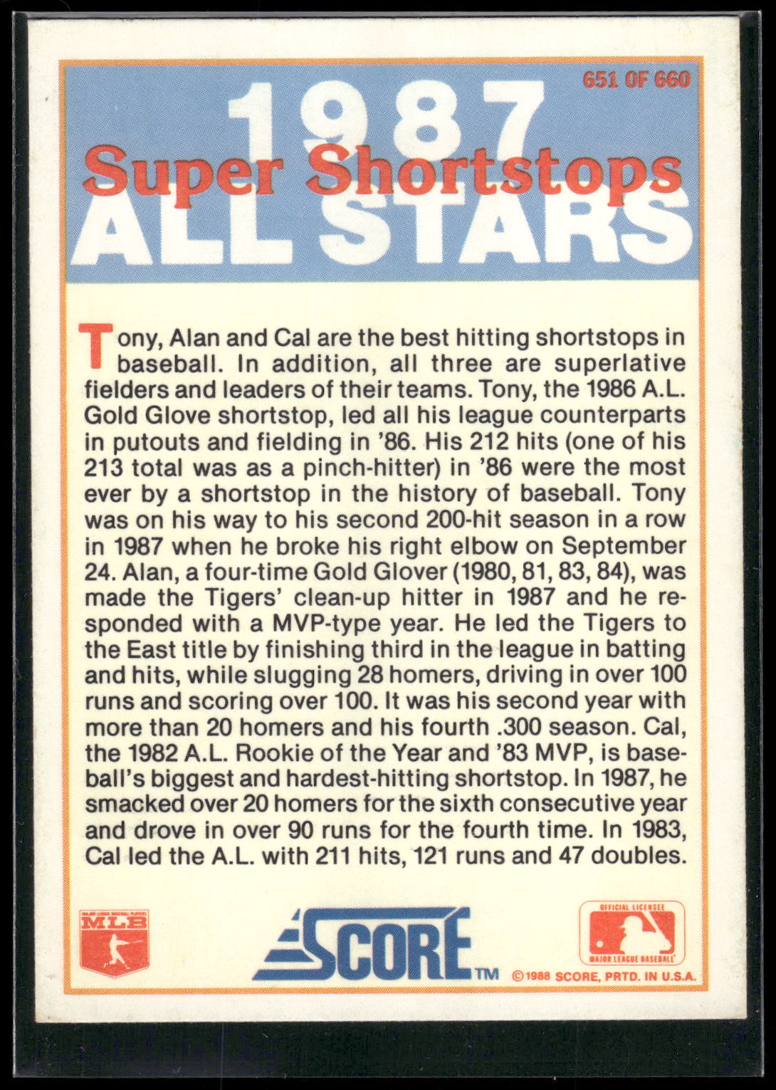 1988 Score #651 (Tony Fernandez / Cal Ripken, Jr. / Alan Trammell)