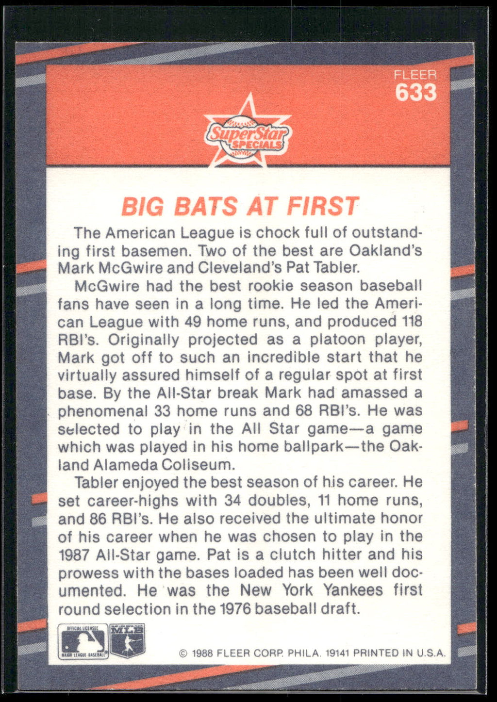 1988 Fleer #633 Big Bats at First (Pat Tabler / Mark McGwire)