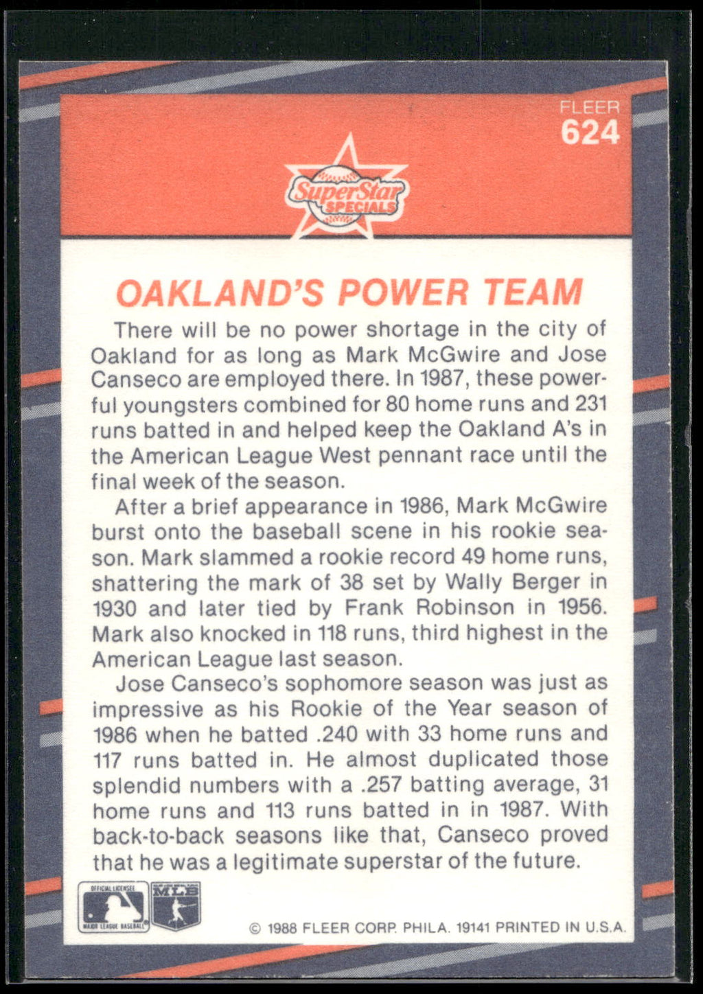 1988 Fleer #624 Oakland's Power Team (Mark McGwire / Jose Canseco)