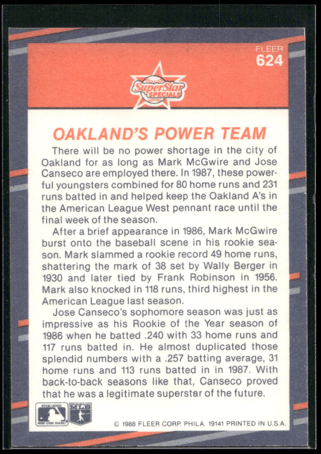 1988 Fleer #624 Oakland's Power Team (Mark McGwire / Jose Canseco)