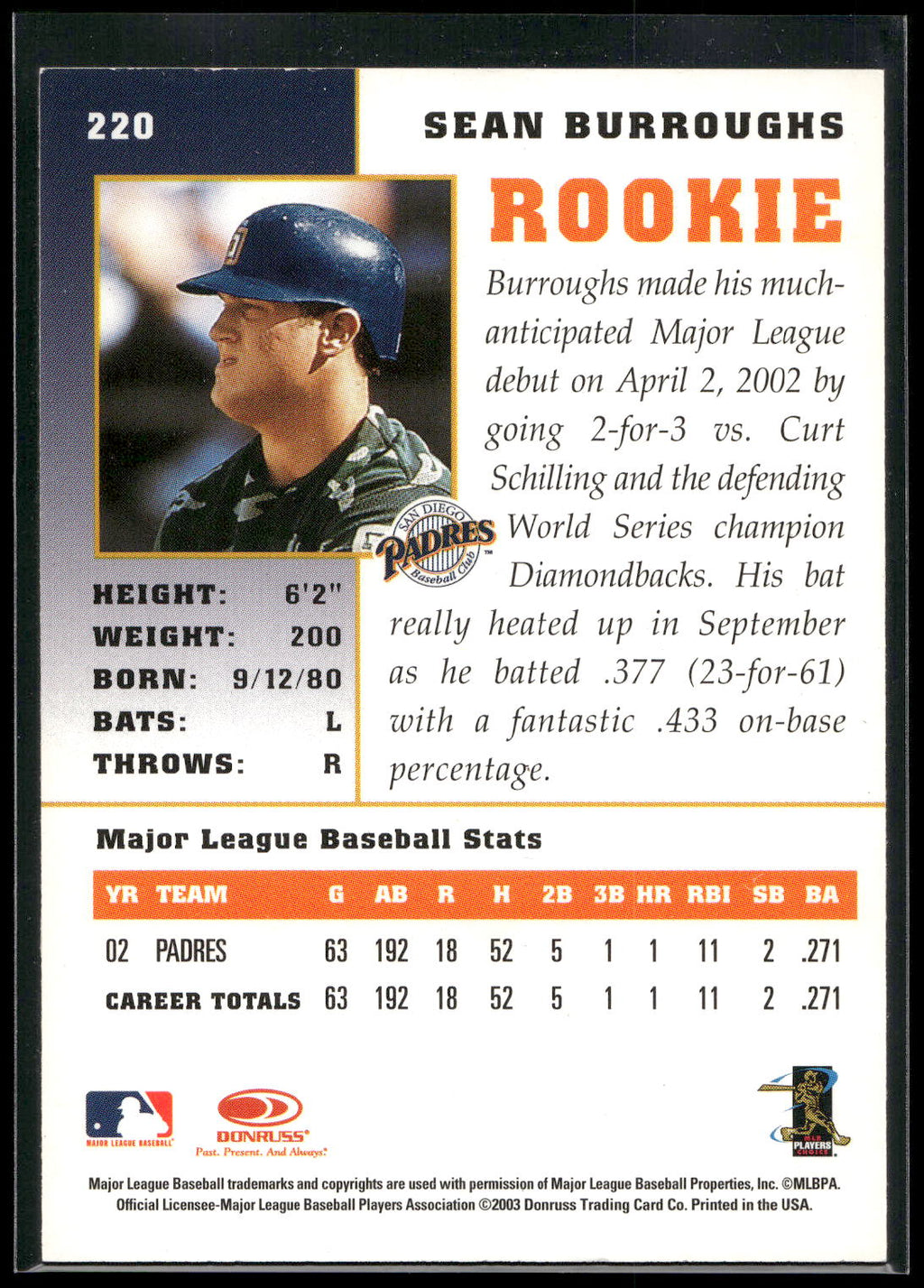 2003 Donruss Champions #220 Sean Burroughs