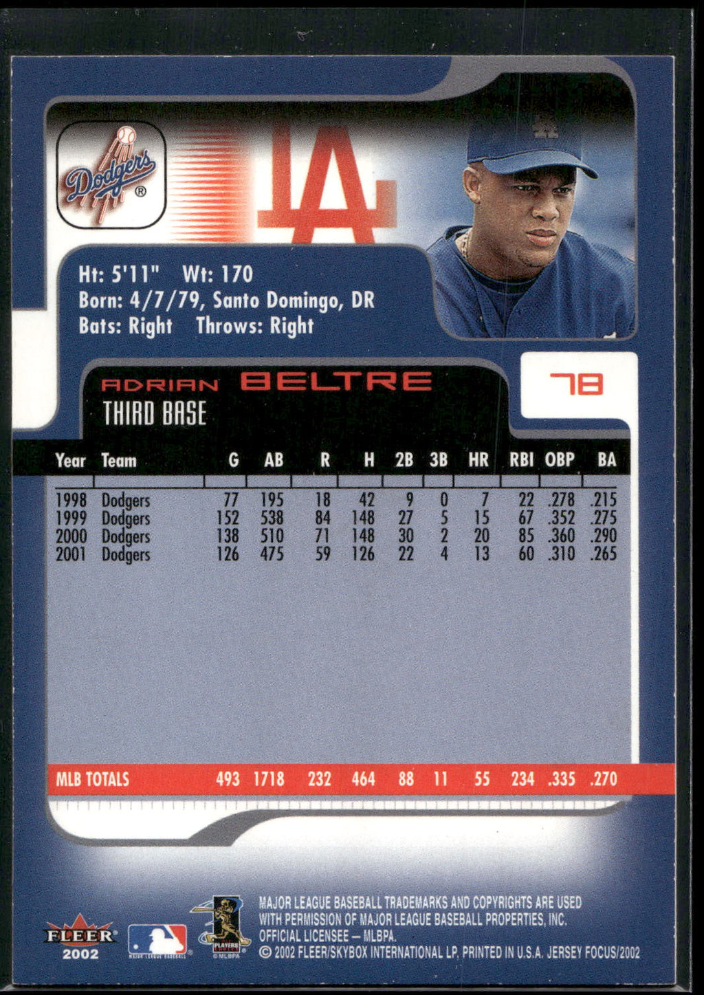 2002 Fleer Focus Jersey Edition #78 Adrian Beltre