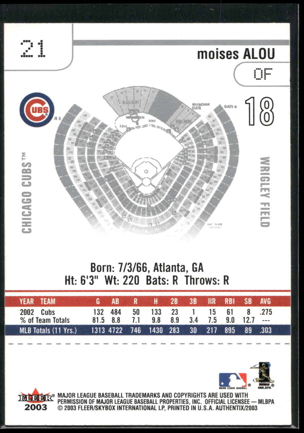 2003 Fleer Authentix #21 Moises Alou