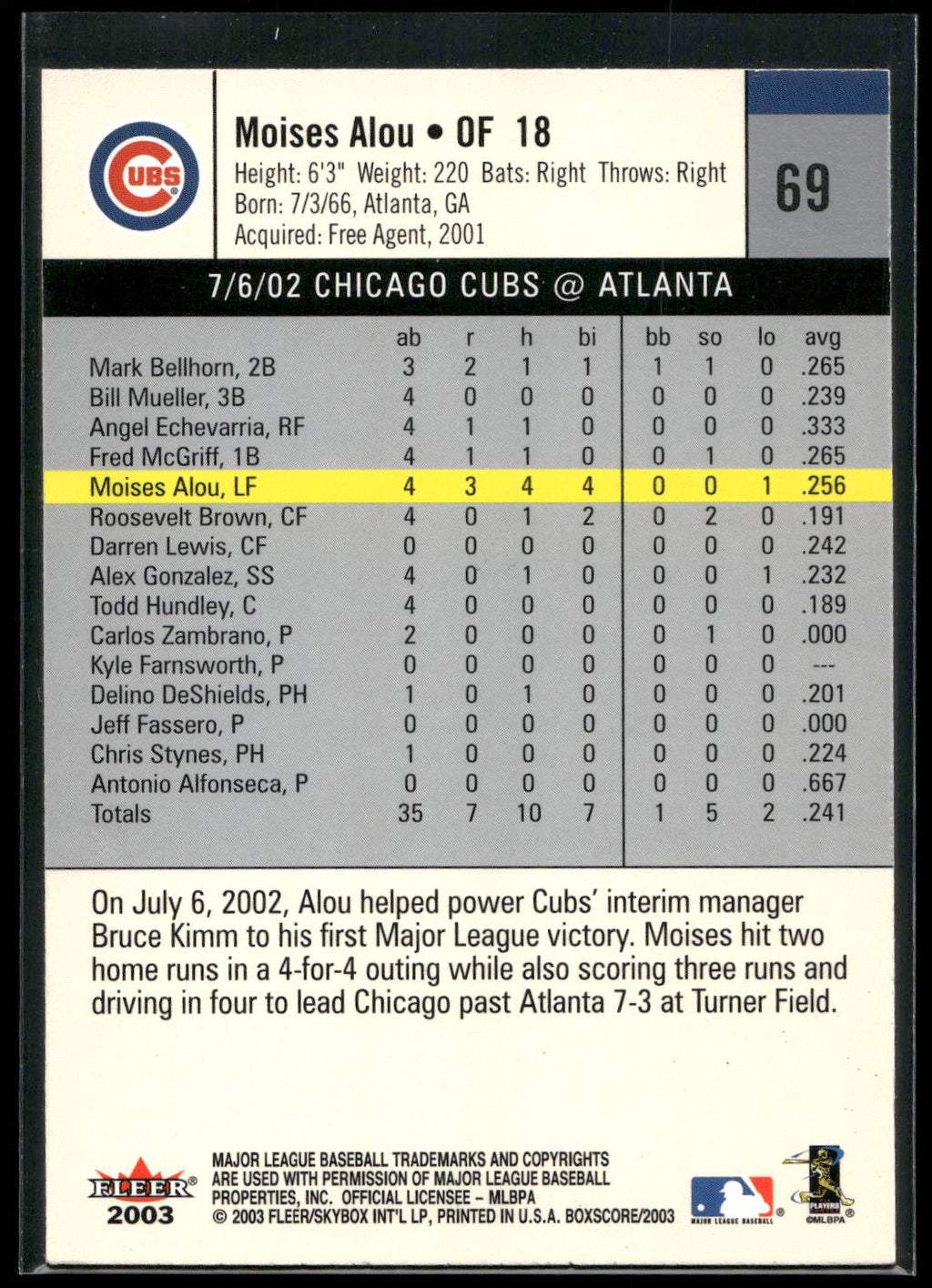 2003 Fleer Box Score #69 Moises Alou