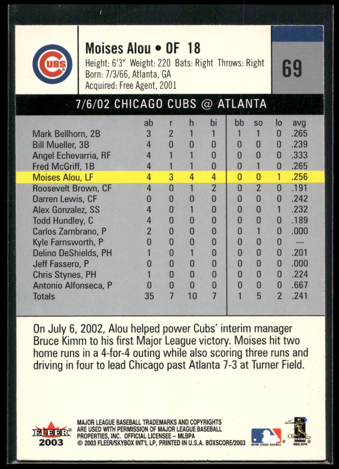 2003 Fleer Box Score #69 Moises Alou