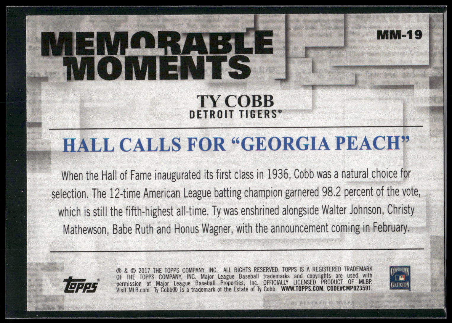 2017 Topps #MM-19 Ty Cobb Memorable Moments