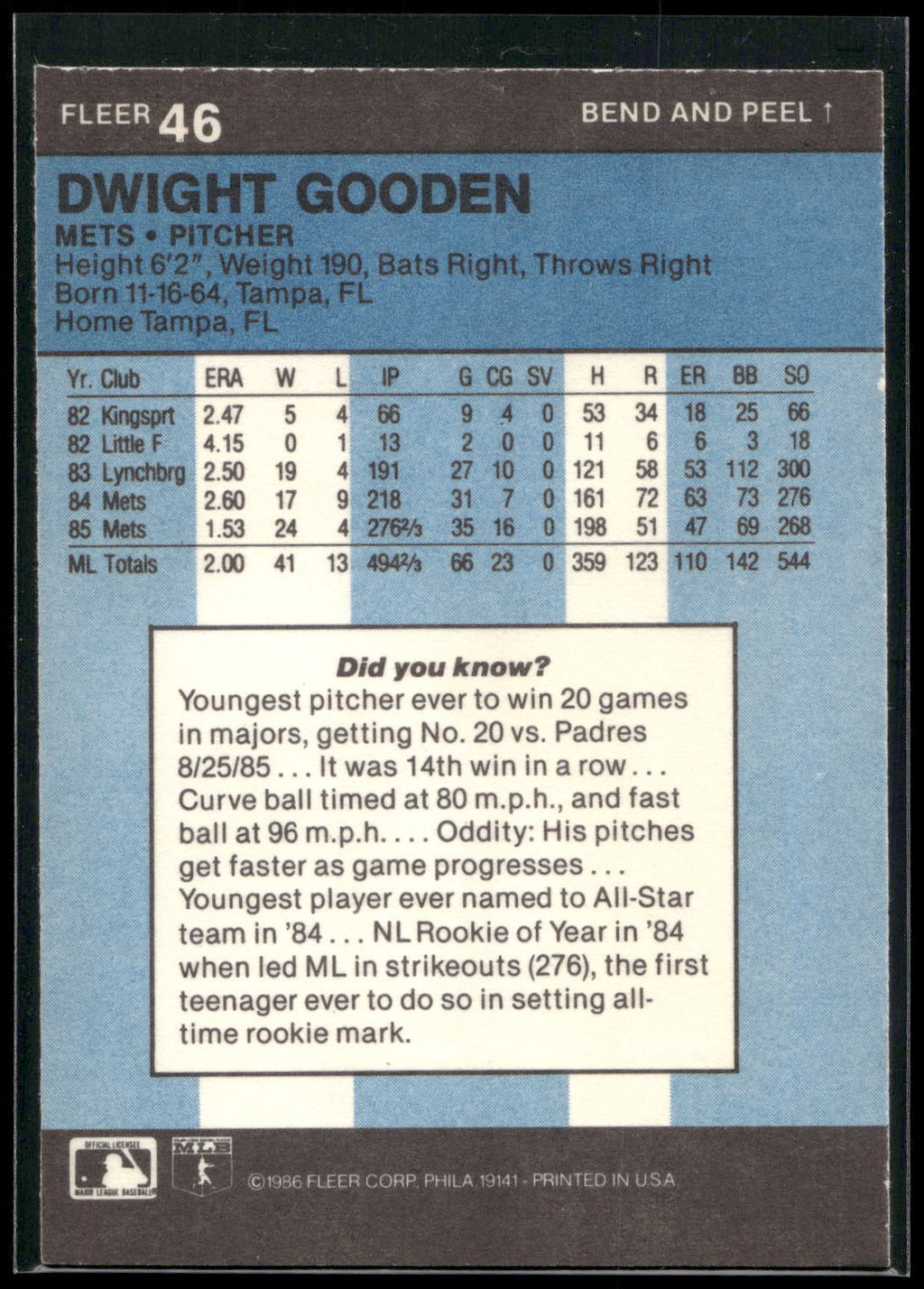 1986 Fleer Star Stickers #46 Dwight Gooden