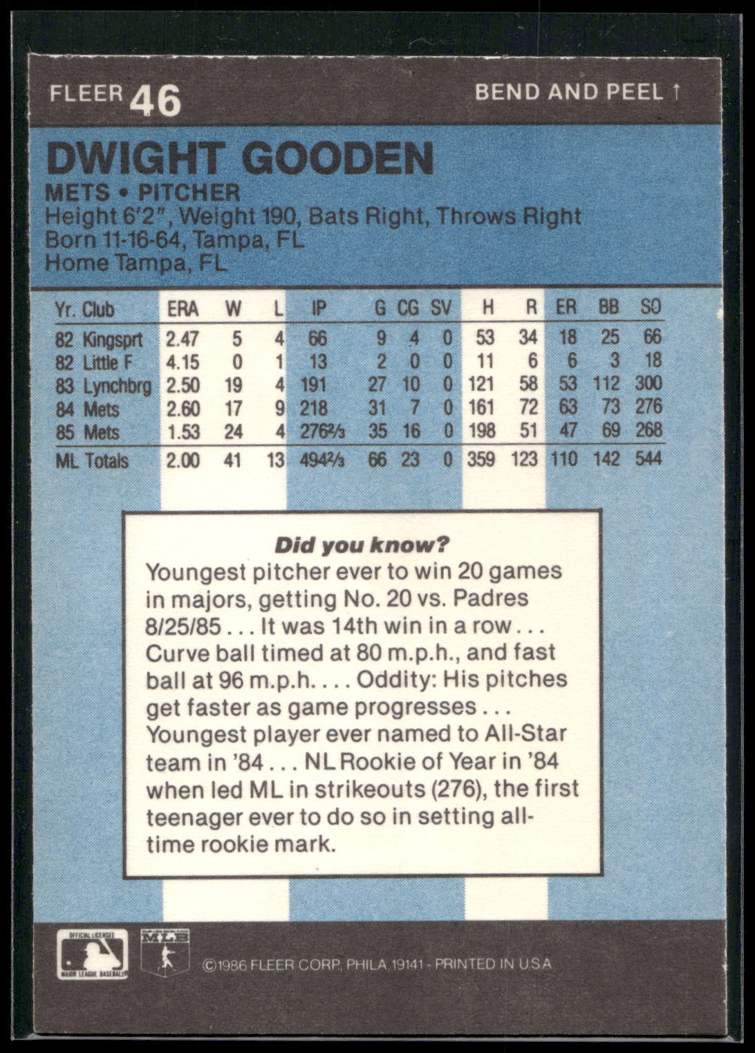 1986 Fleer Star Stickers #46 Dwight Gooden