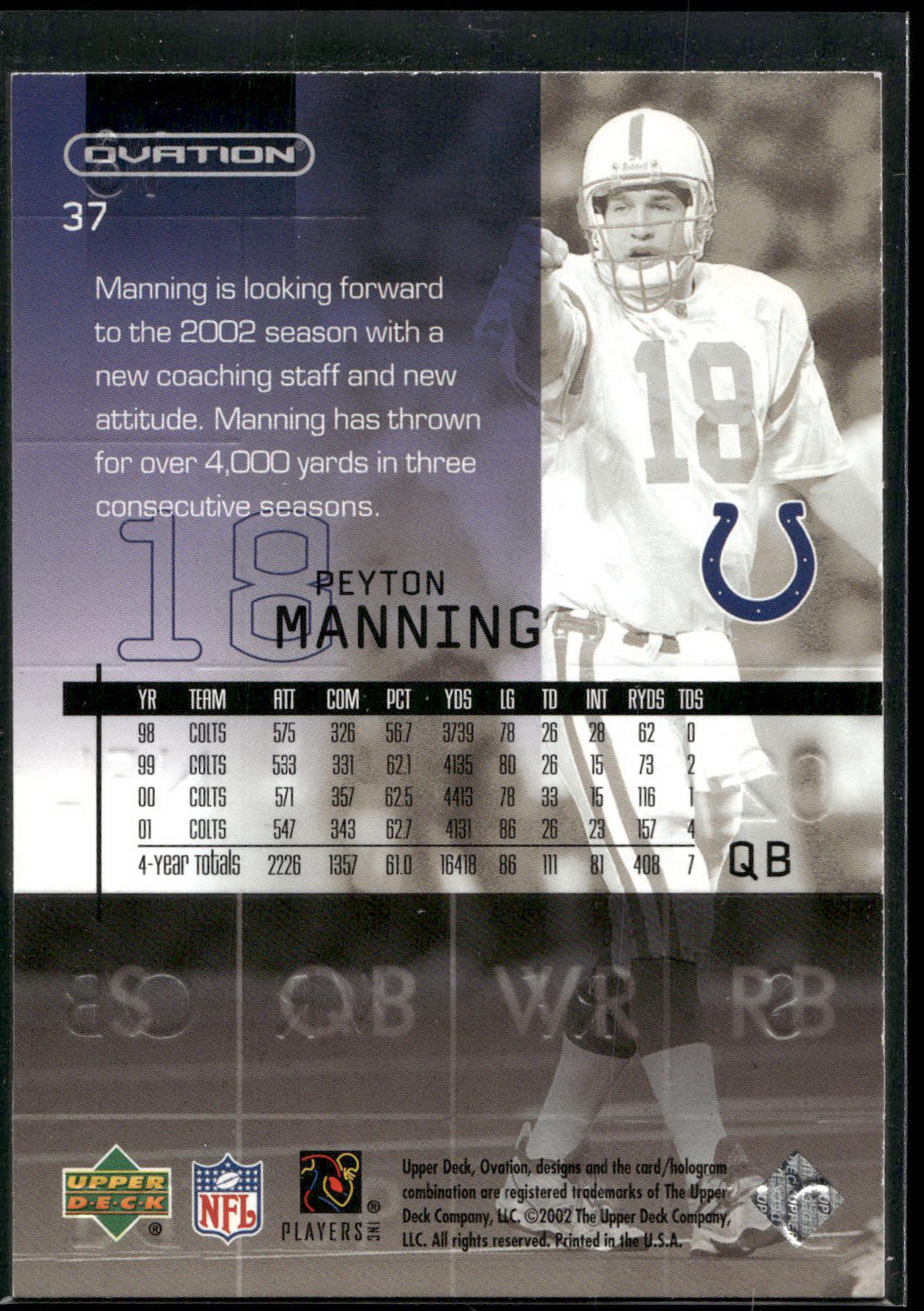 2002 Upper Deck Ovation #37 Peyton Manning