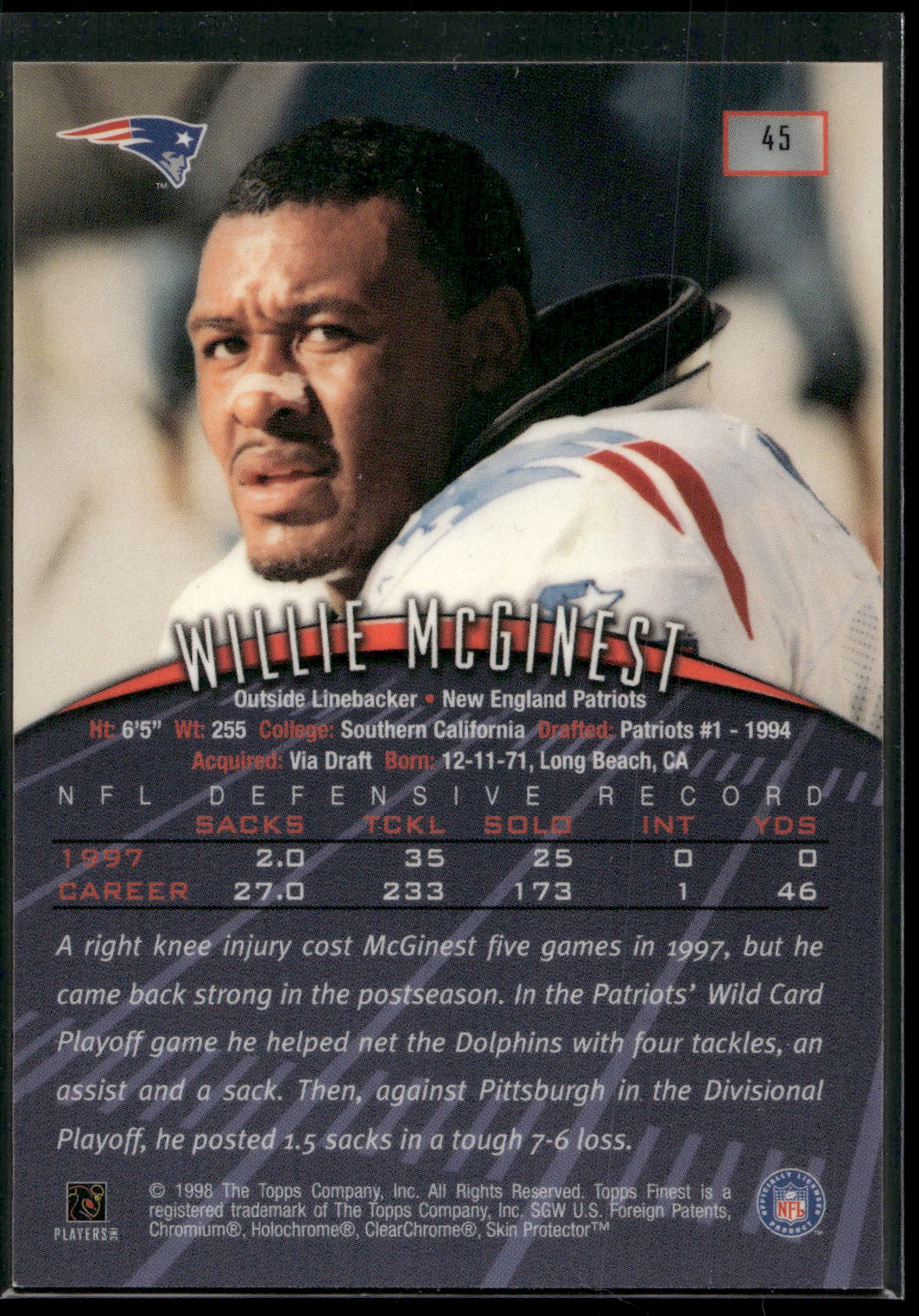 1998 Finest #45 Willie McGinest No-Protectors