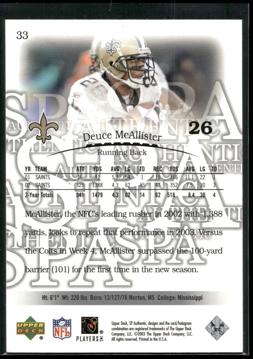 2003 SP Authentic #33 Deuce McAllister