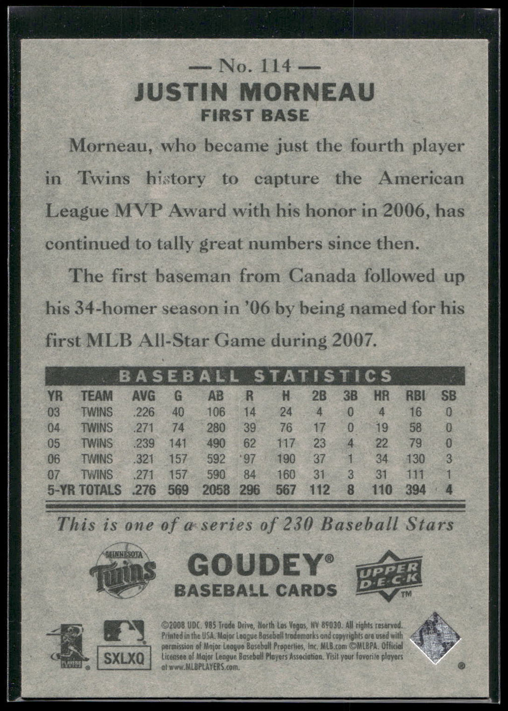 2008 Upper Deck Goudey #114 Justin Morneau