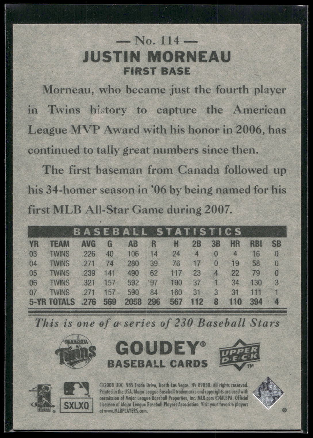 2008 Upper Deck Goudey #114 Justin Morneau