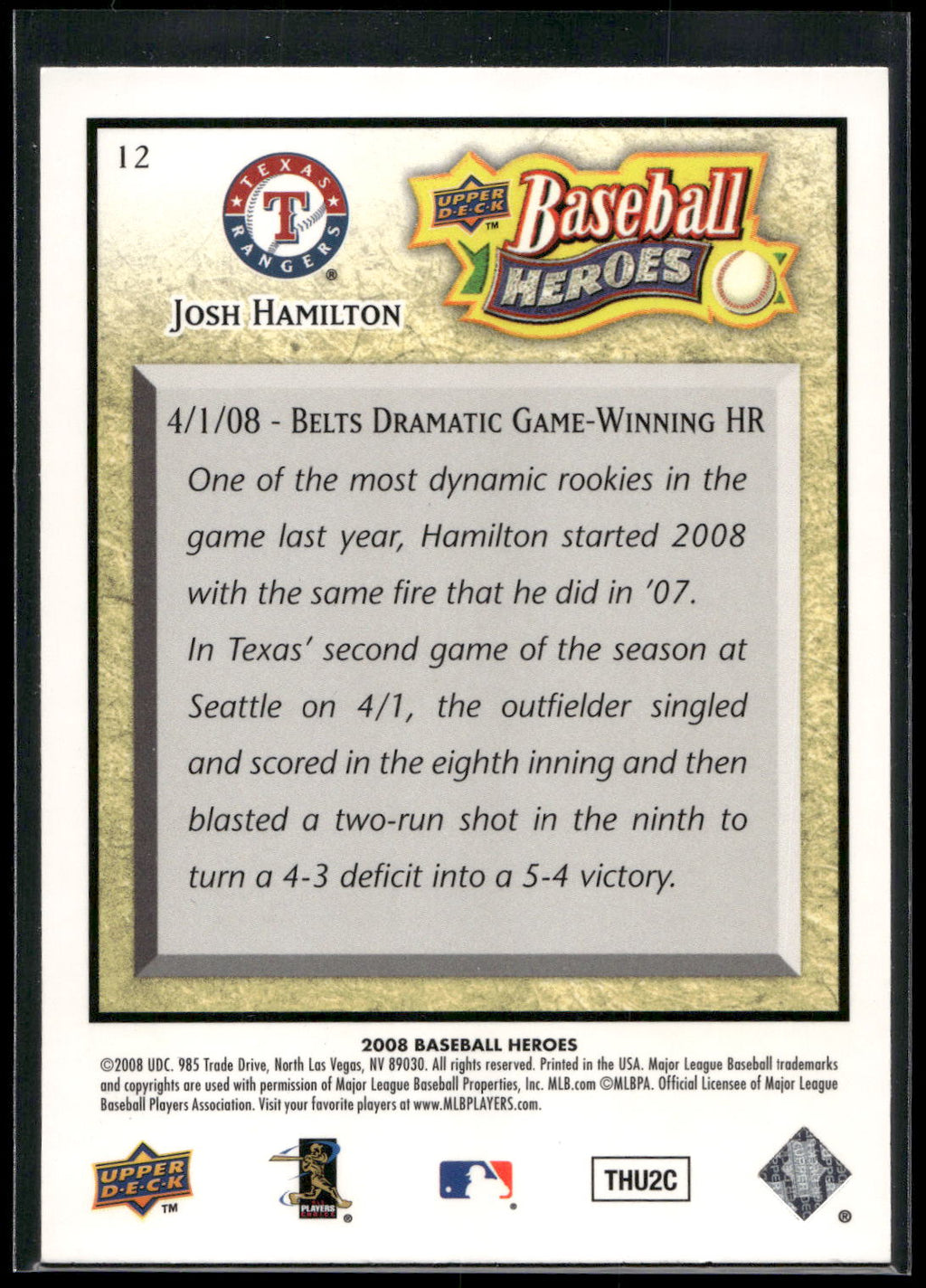 2008 Upper Deck Baseball Heroes #12 Josh Hamilton