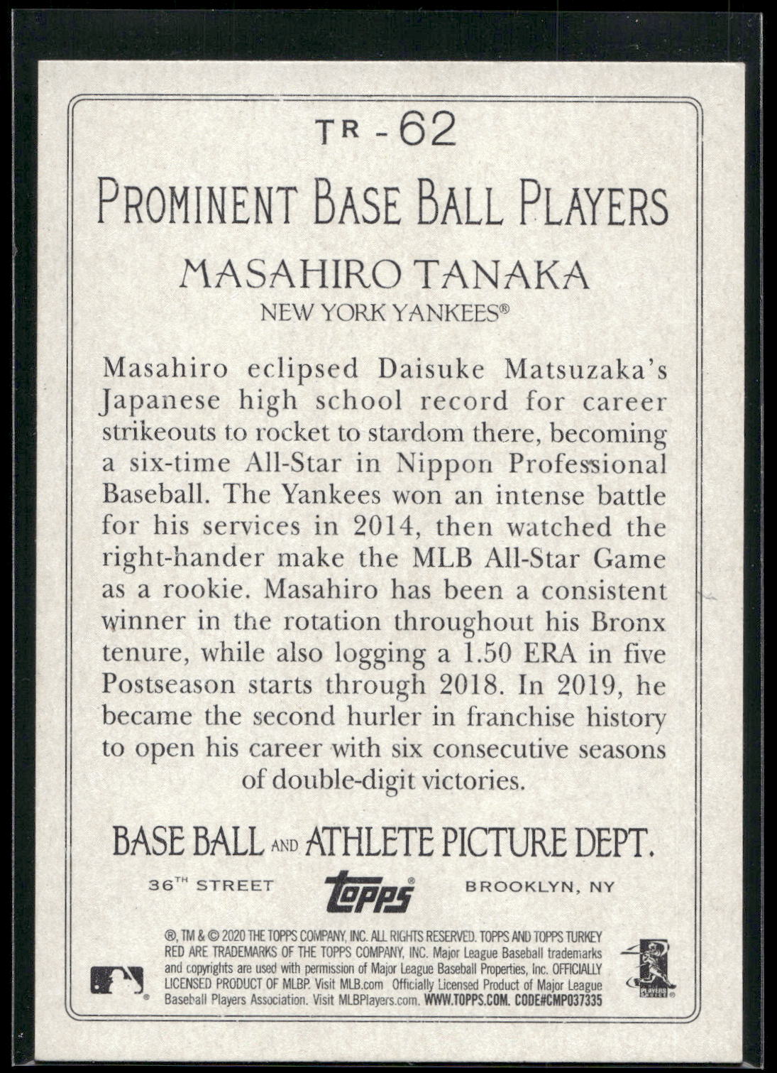 2020 Topps #TR-62 Masahiro Tanaka Turkey Red 2020 (Series 1)