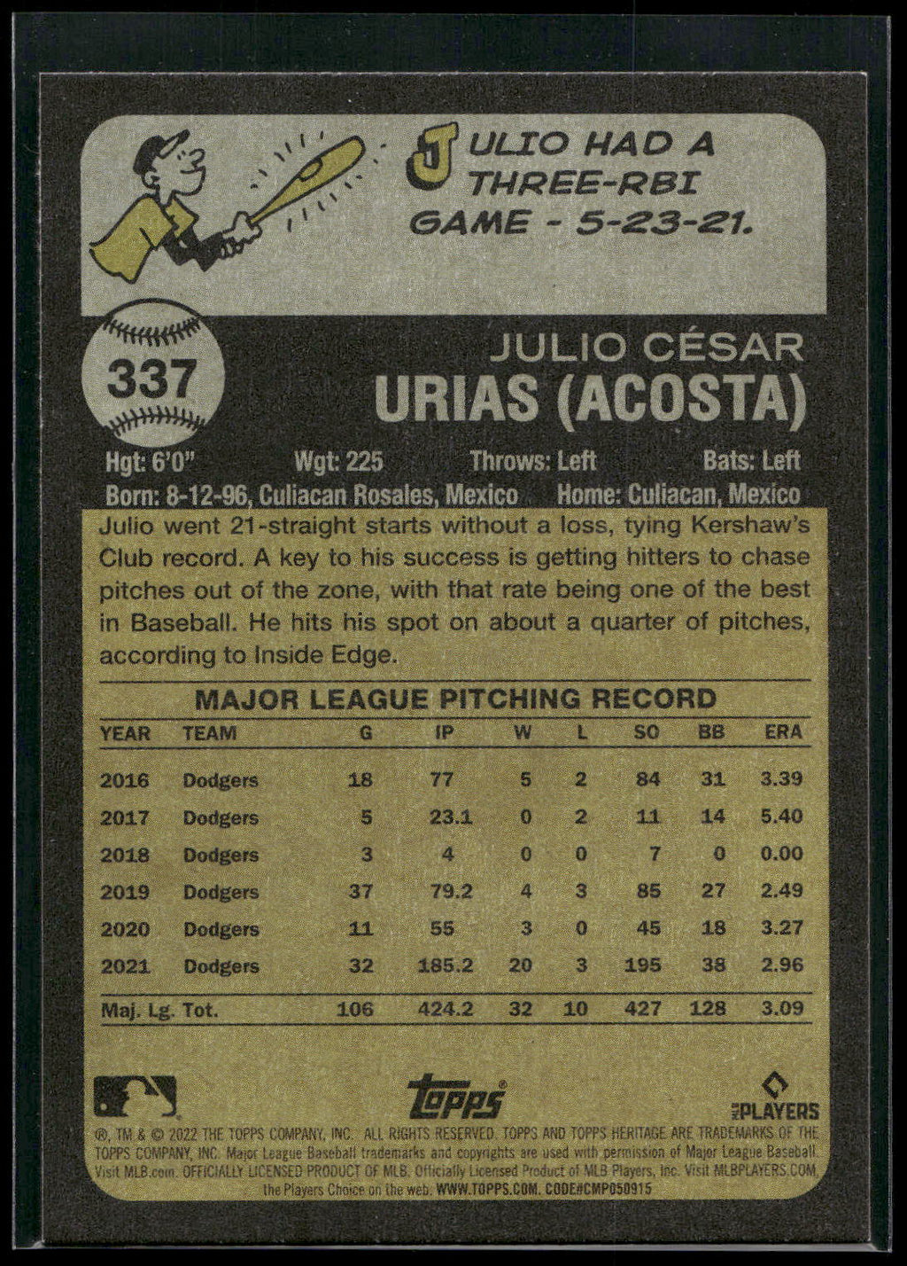 2022 Topps Heritage #337 Julio Urias