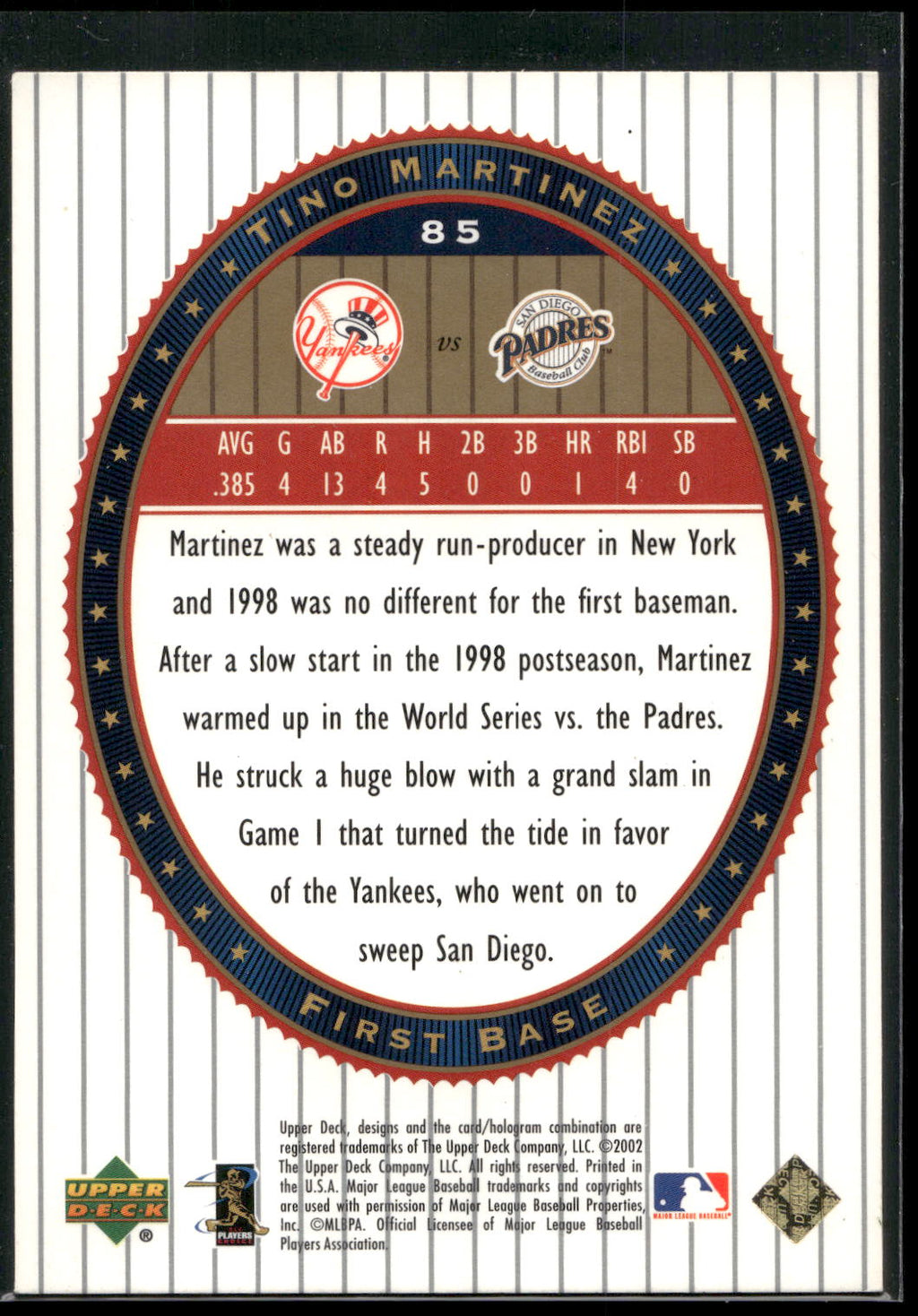 2002 Upper Deck World Series Heroes #85 Tino Martinez