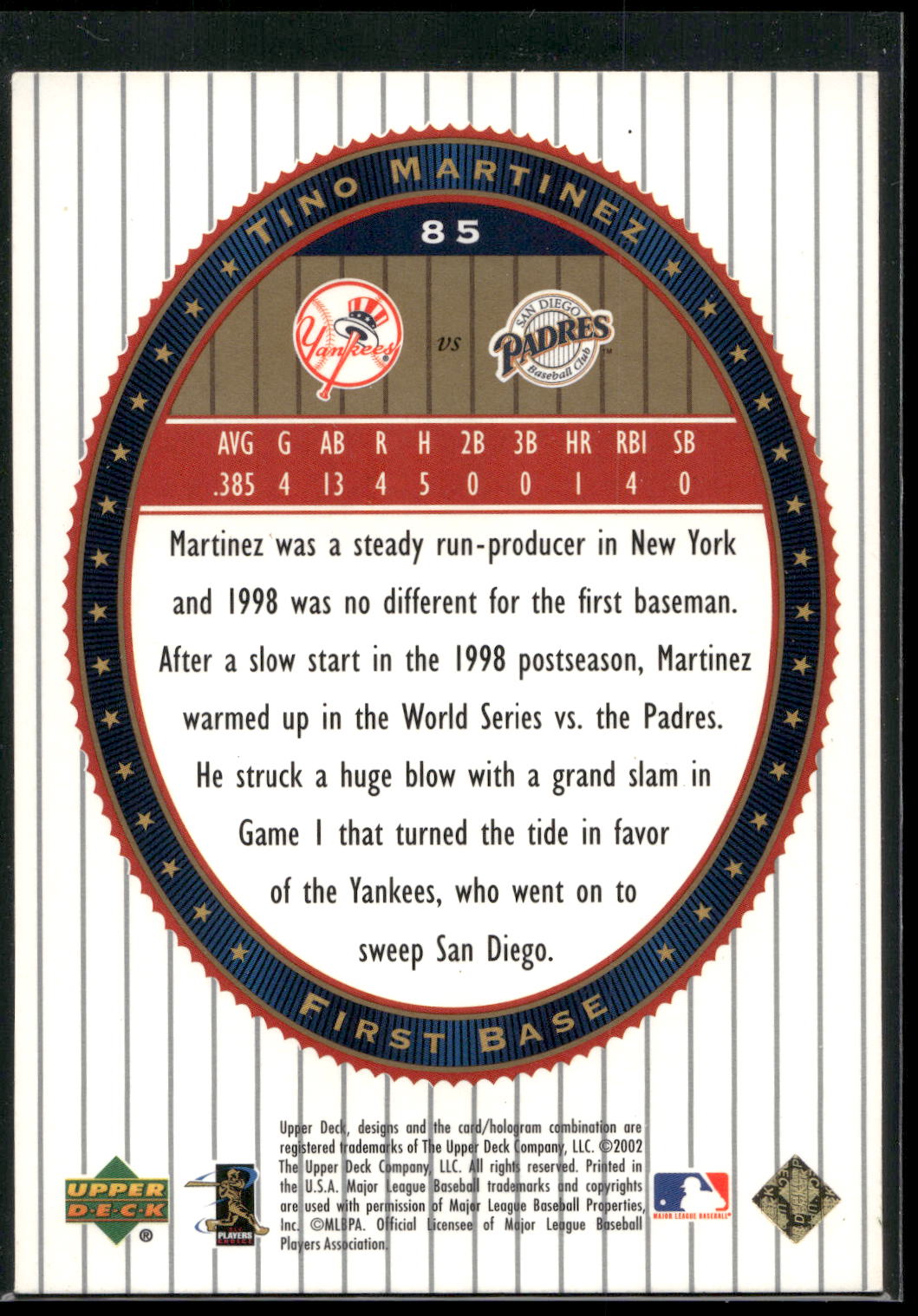 2002 Upper Deck World Series Heroes #85 Tino Martinez