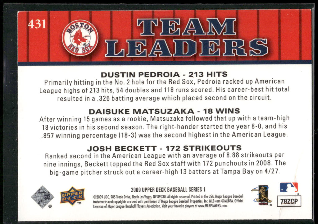 2009 Upper Deck #431 Dustin Pedroia / Daisuke Matsuzaka / Josh Beckett