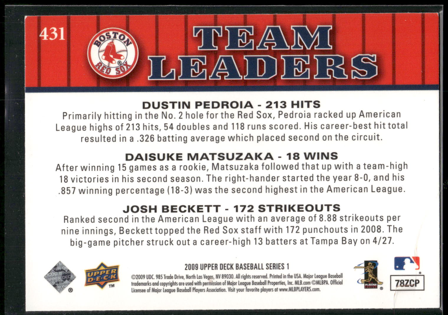 2009 Upper Deck #431 Dustin Pedroia / Daisuke Matsuzaka / Josh Beckett