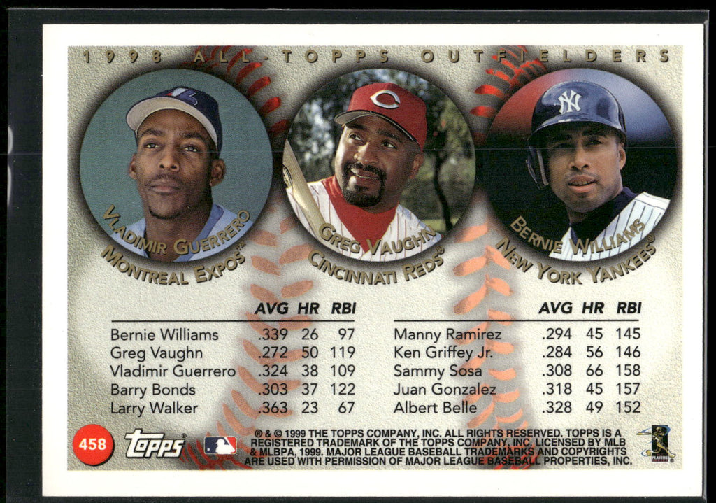 1999 Topps #458 (Vladimir Guerrero / Greg Vaughn / Bernie Williams)