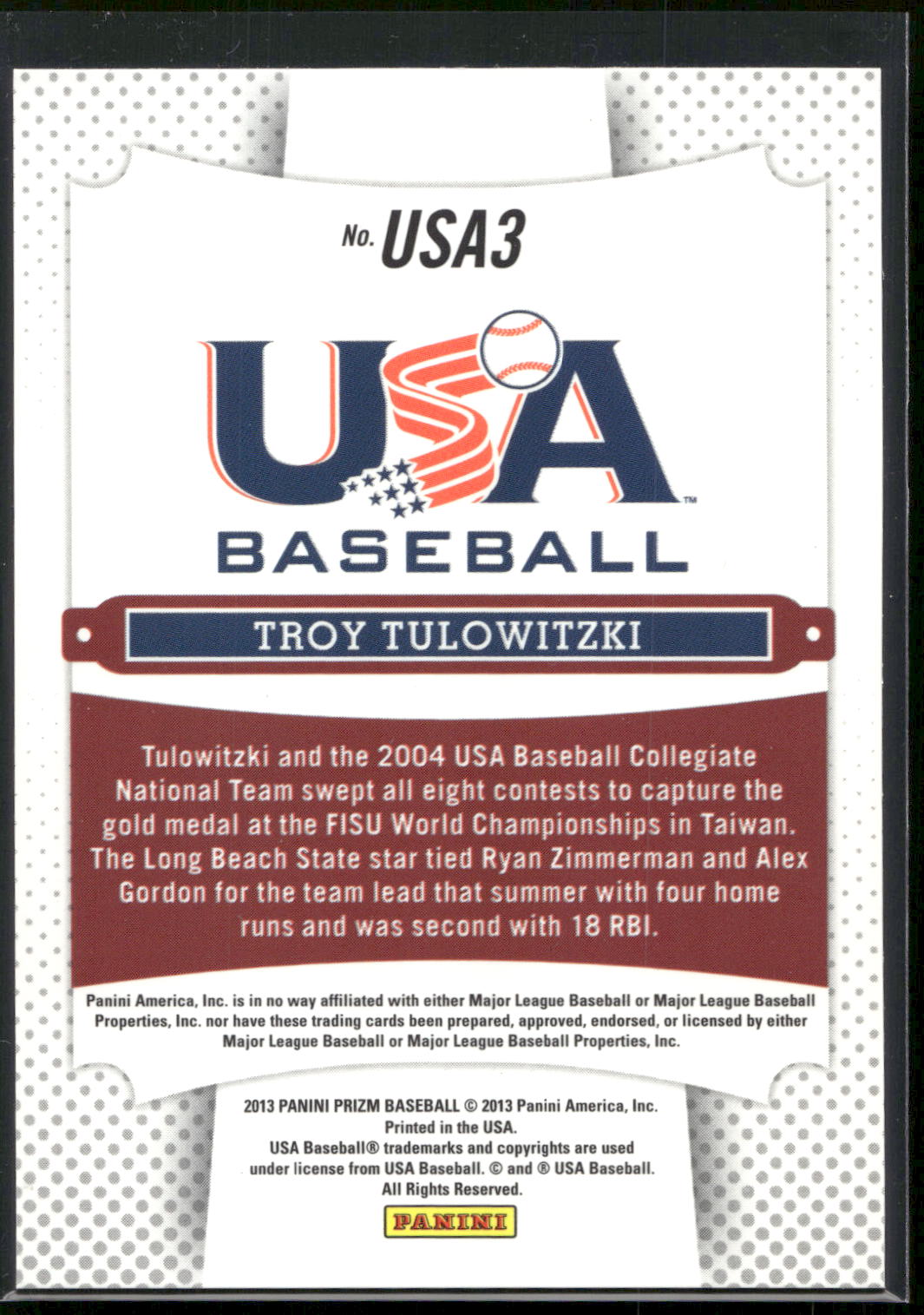 2013 Panini Prizm #USA3 Troy Tulowitzki USA Baseball
